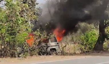 गौरेला-पेंड्रा-मरवाही: पेड़ से टकराकर बोलेरो में लगी भीषण आग, बाल-बाल बचे सवार